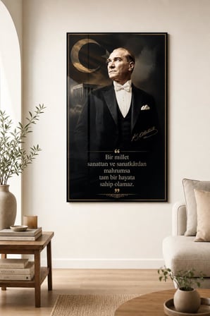 Atatürk Portreli Baskılı Cam Tablo – Türk Bayrağı ve Özlü Sözlü Duvar Dekoru