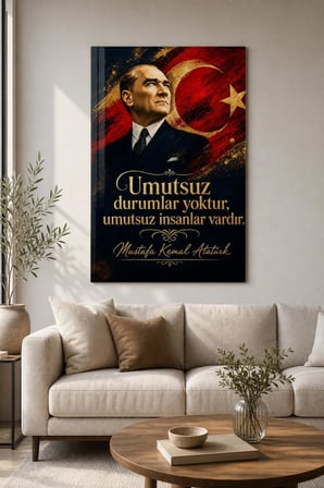 Atatürk ve Türk Bayrağı Baskılı Cam Tablo – İlham Verici Sözlü Duvar Dekoru