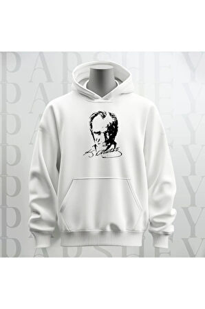 Mustafa Kemal Atatürk Baskılı Beyaz Kapüşonlu Sweatshirt Hoodie Kalın Kumaş 3 İplik Şardonlu