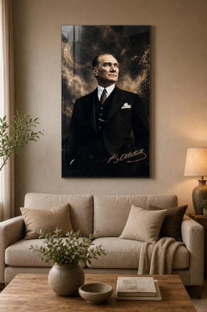 Atatürk Portre Baskılı Cam Tablo – Türk Bayraklı UV Baskı Dekoratif Duvar Tablosu