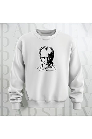 Mustafa Kemal Atatürk Baskılı Beyaz Bisiklet Yaka Sweatshirt Kalın Kumaş 3 İplik