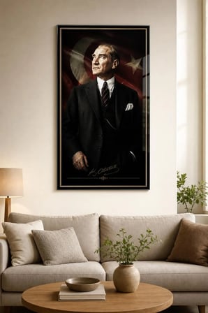 Atatürk ve Türk Bayrağı Baskılı Cam Tablo – UV Baskı Dekoratif Duvar Tablosu