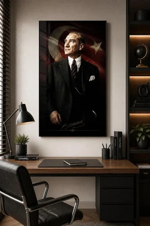 Atatürk ve Türk Bayrağı Baskılı Cam Tablo – UV Baskı Dekoratif Duvar Tablosu