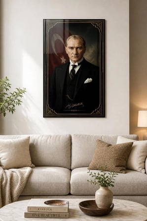 Atatürk Portre Baskılı Cam Tablo – Türk Bayraklı UV Baskı Duvar Dekoru