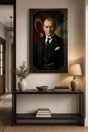 Atatürk Portre Baskılı Cam Tablo – Türk Bayraklı UV Baskı Duvar Dekoru