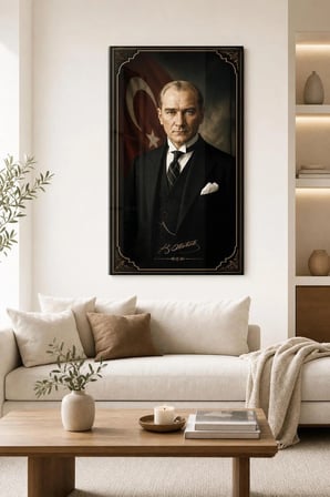 Atatürk Portre Baskılı Cam Tablo – Türk Bayraklı UV Baskı Duvar Dekoru