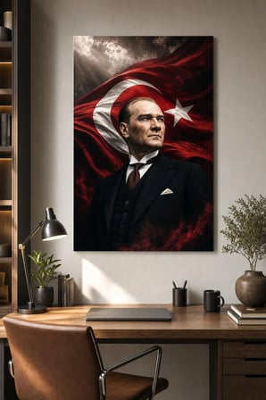 Atatürk ve Türk Bayrağı Baskılı Cam Tablo – UV Baskı Dekoratif Duvar Tablosu