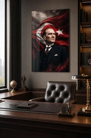 Atatürk ve Türk Bayrağı Baskılı Cam Tablo – UV Baskı Dekoratif Duvar Tablosu