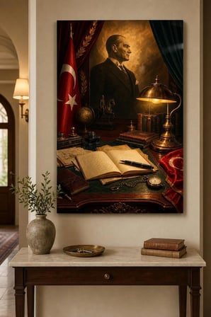 Atatürk Temalı Baskılı Cam Tablo – Türk Bayrağı UV Baskı Dekoratif Duvar Tablosu