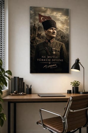 Atatürk Temalı Baskılı Cam Tablo – Türk Bayraklı UV Baskı Dekoratif Duvar Tablosu