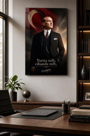 Atatürk ve Türk Bayrağı Baskılı Cam Tablo – Yurtta Sulh UV Dekoratif Duvar Tablosu