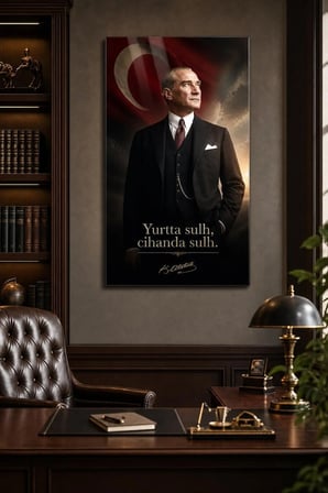 Atatürk ve Türk Bayrağı Baskılı Cam Tablo – Yurtta Sulh UV Dekoratif Duvar Tablosu