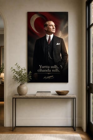 Atatürk ve Türk Bayrağı Baskılı Cam Tablo – Yurtta Sulh UV Dekoratif Duvar Tablosu