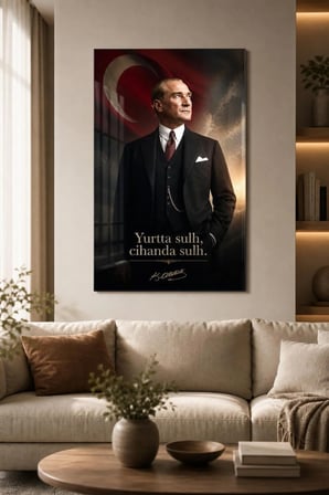 Atatürk ve Türk Bayrağı Baskılı Cam Tablo – Yurtta Sulh UV Dekoratif Duvar Tablosu