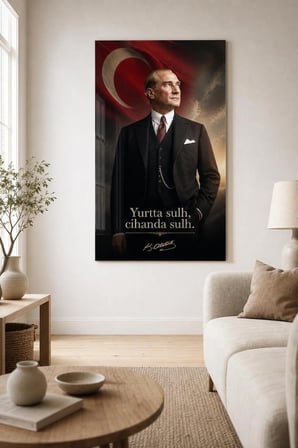 Atatürk ve Türk Bayrağı Baskılı Cam Tablo – Yurtta Sulh UV Dekoratif Duvar Tablosu