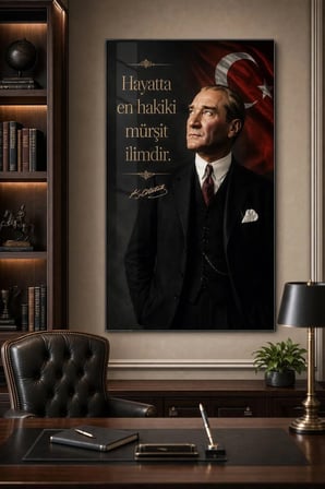 Atatürk ve Türk Bayrağı Baskılı Cam Tablo – Sözlü UV Baskı Dekoratif Duvar Tablosu