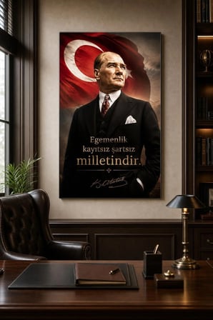 Atatürk ve Türk Bayrağı Baskılı Cam Tablo – Egemenlik Sözlü Dekoratif Duvar Tablosu