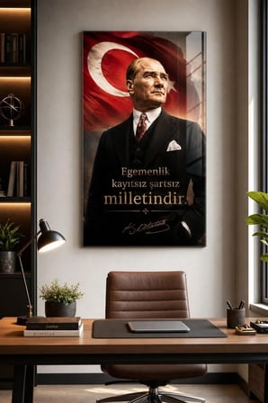 Atatürk ve Türk Bayrağı Baskılı Cam Tablo – Egemenlik Sözlü Dekoratif Duvar Tablosu