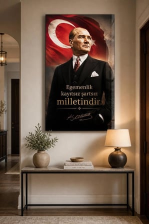 Atatürk ve Türk Bayrağı Baskılı Cam Tablo – Egemenlik Sözlü Dekoratif Duvar Tablosu