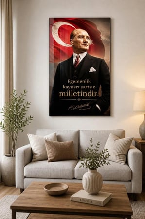 Atatürk ve Türk Bayrağı Baskılı Cam Tablo – Egemenlik Sözlü Dekoratif Duvar Tablosu
