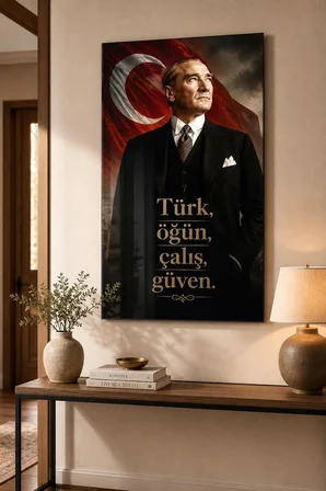 Atatürk ve Türk Bayrağı Baskılı Cam Tablo – UV Baskı Dekoratif Duvar Tablosu