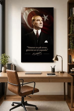 Atatürk Türk Bayrağı Baskılı Cam Tablo – Sözlü UV Baskı Dekoratif Duvar Tablosu