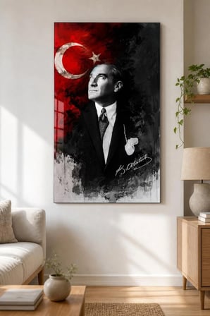 Atatürk ve Türk Bayrağı Baskılı Cam Tablo – UV Baskı Dekoratif Duvar Tablosu