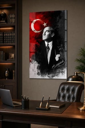 Atatürk ve Türk Bayrağı Baskılı Cam Tablo – UV Baskı Dekoratif Duvar Tablosu