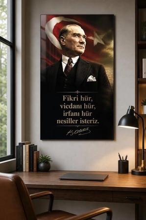 Atatürk Sözlü Türk Bayraklı Baskılı Cam Tablo – Dekoratif UV Baskı Duvar Tablosu