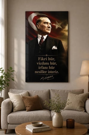 Atatürk Sözlü Türk Bayraklı Baskılı Cam Tablo – Dekoratif UV Baskı Duvar Tablosu