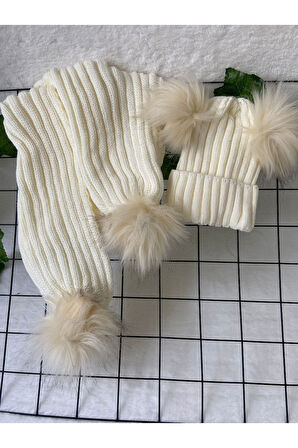 Bebek Atkı Bere Takımı Ponponlu