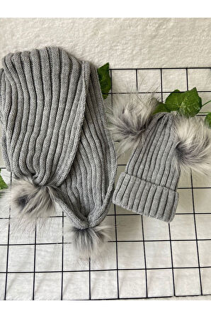 Bebek Atkı Bere Takımı Ponponlu