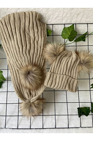 Bebek Atkı Bere Takımı Ponponlu