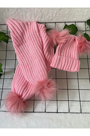 Bebek Atkı Bere Takımı Ponponlu