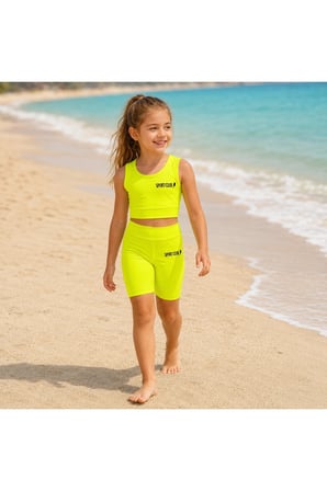 Kız Çocuk Neon Sarı Crop Üst ve Uzun Şortlu Mayo Takımı - 2 Parça
