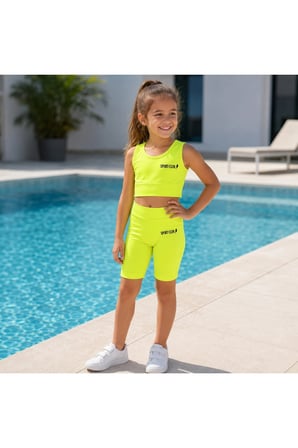 Kız Çocuk Neon Sarı Crop Üst ve Uzun Şortlu Mayo Takımı - 2 Parça