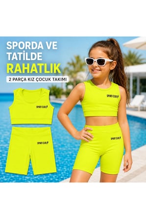 Kız Çocuk Neon Sarı Crop Üst ve Uzun Şortlu Mayo Takımı - 2 Parça