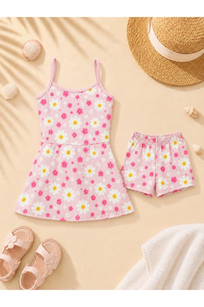 Kız Çocuk Pembe Papatya Desenli Etekli Mayo Takımı 2 Parça
