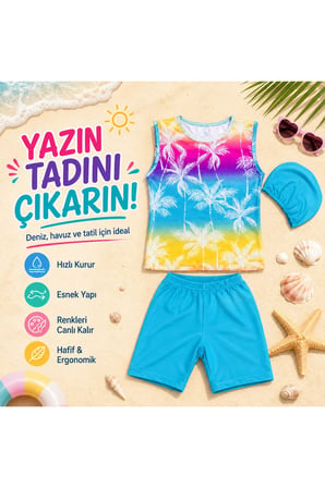 Kız Çocuk Palmiye Desenli 3’lü Mayo Takımı – Şort, Kolsuz Üst ve Bone