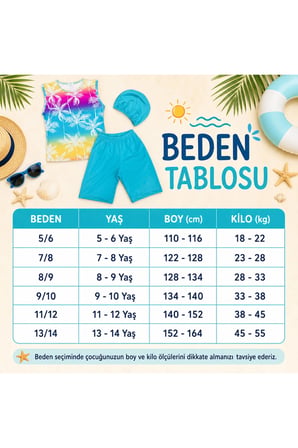 Kız Çocuk Palmiye Desenli 3’lü Mayo Takımı – Şort, Kolsuz Üst ve Bone