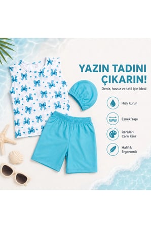 Kız Çocuk Mavi Fiyonk Desenli 3’lü Mayo Takımı