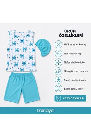 Kız Çocuk Mavi Fiyonk Desenli 3’lü Mayo Takımı