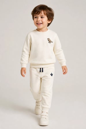 Erkek Çocuk Krem Dinozor Nakışlı Pamuklu 2 İplik Sweatshirt ve Lastik Paçalı Eşofman Takımı