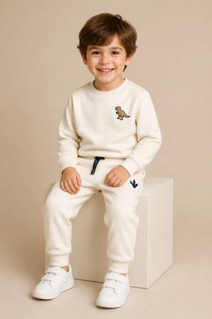 Erkek Çocuk Krem Dinozor Nakışlı Pamuklu 2 İplik Sweatshirt ve Lastik Paçalı Eşofman Takımı