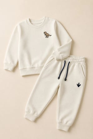 Erkek Çocuk Krem Dinozor Nakışlı Pamuklu 2 İplik Sweatshirt ve Lastik Paçalı Eşofman Takımı