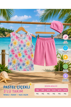 Kız Çocuk Çok Renkli Pastel Çiçek Desenli Mayo Takımı - Atlet, Şort ve Bone
