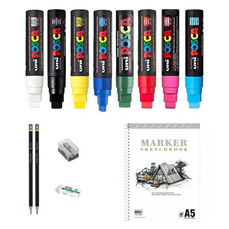 Uni Posca Marker Kalemi Çizim Seti 1 + 17K (15mm) 8'li Set