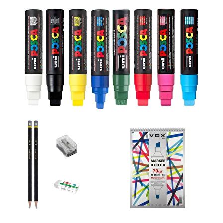 Uni Posca Marker Kalemi Çizim Seti 2 + 17K (15mm) 8'li Set 