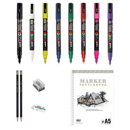 Uni Posca Marker Kalemi Çizim Seti 1 + 3m (0.9 - 1.3mm) 8'li Set 