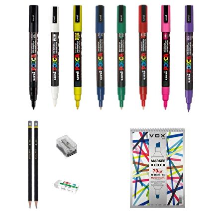 Uni Posca Marker Kalemi Çizim Seti 2 + 3m (0.9 - 1.3mm) 8'li Set 